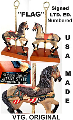 VTG PJ's Carousel Denzel Style USA Flag 12'' Signed Merry-Go-Round Horse Figurine