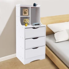Tall White Nightstand w/ 3 Drawers Side Stand Cabinet Night Stand Bedside Tables