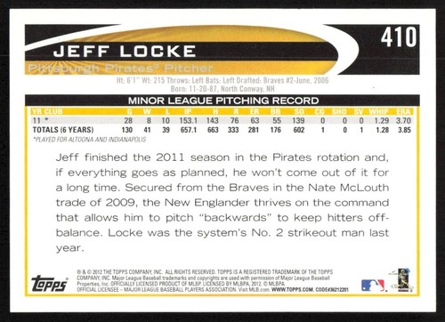 2012 Topps Walmart Blue Jeff Locke RC #410 Pittsburgh Pirates - Picture 2 of 2