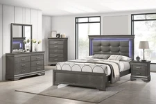 6pc Modern LED Light King Panel Upholstered Bed Master Bedroom Set Gray