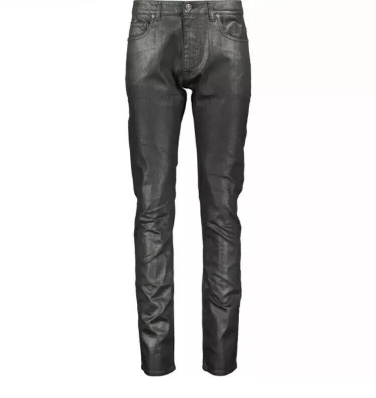 VERSACE Black Waxed Coated 3D Medusa Logo Jeans Made In Italy