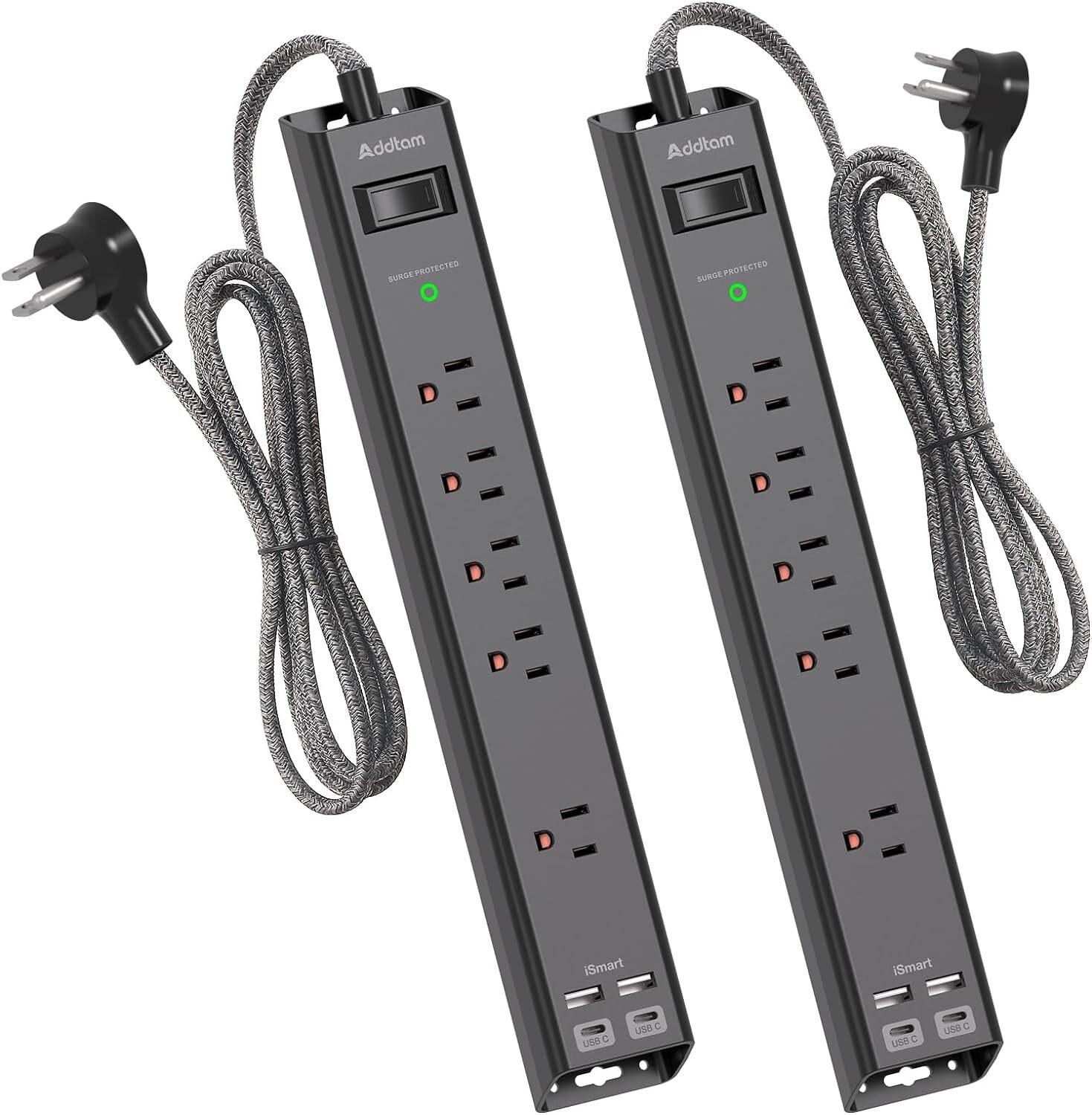 2 Pack Power Strip Surge Protector with USB C - Extension Cord 5 FT, Black