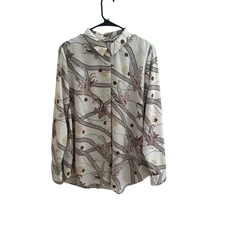 H&M Women's Boho Retro Paisley Chain Print Blouse Size 12 Long Sleeve Button