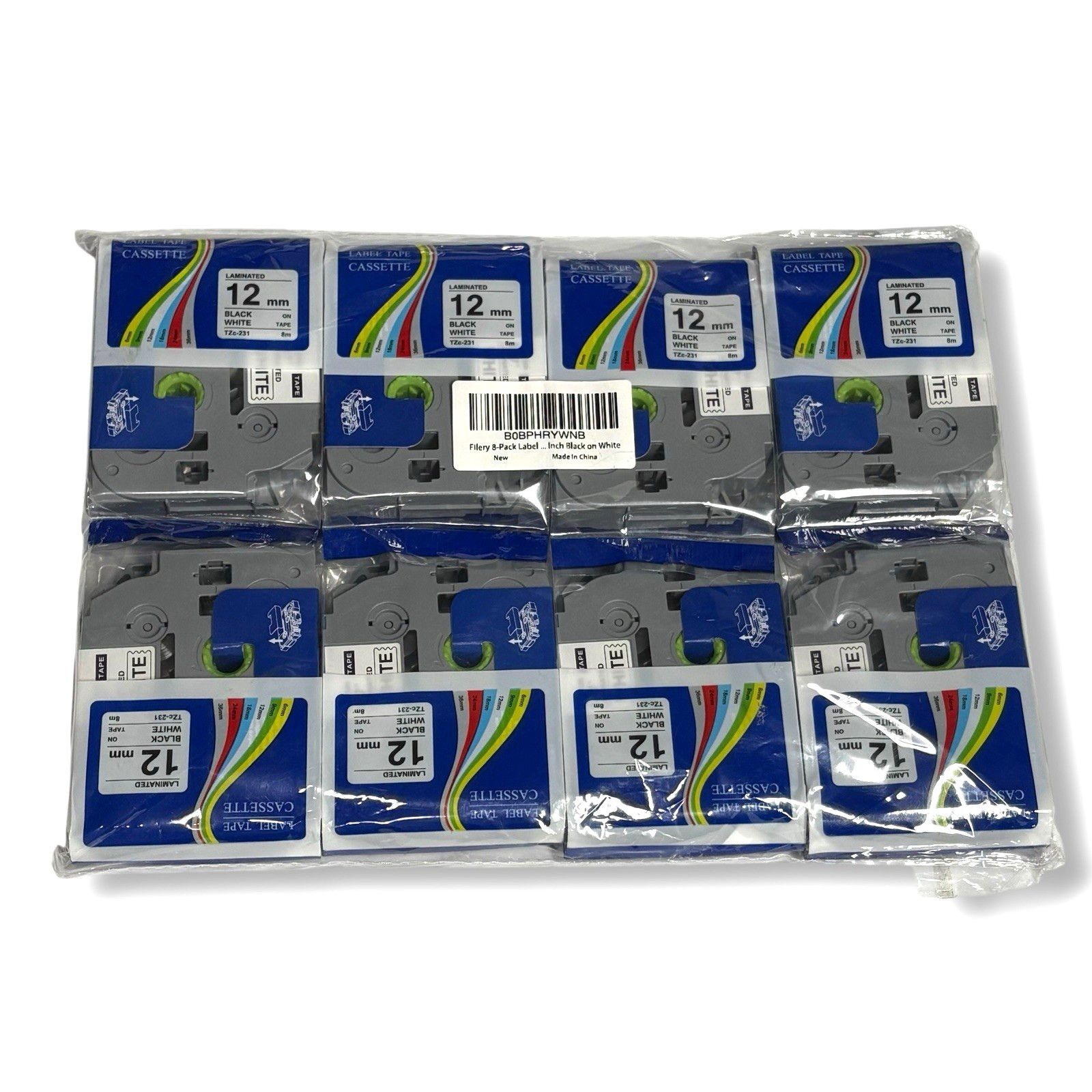 8pk Label Maker Tape 12mm - fits Brother TZc-231 BLACK on WHITE