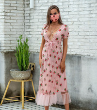 Bubble Sleeve Strawberry Mesh  Sweet  Lotus Leaf Edge Large Skirt For Women