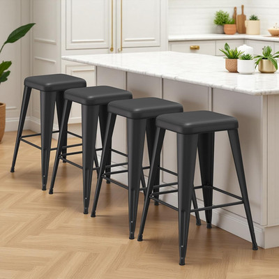 Set of 4 Black Upholstered Metal Bar Stools for Kitchen Island or Cafe