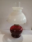 Ruby red oil lamp featuring a Hobnail Milk Glass shade P&A Vintage