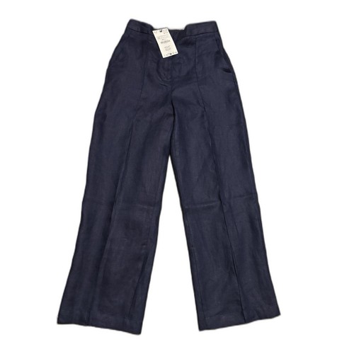 ZARA Trousers 100% Linen Navy Blue Masculine Wide Leg Pant XS High Waist . New. - Picture 2 of 18