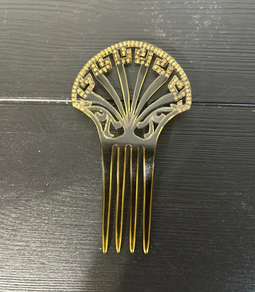 Pente de cabelo antigo grande art déco dourado celulóide brilhante com cristais azuis - Imagem 3 de 3