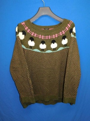 Talbots 1X Green Sheep Fair Isle Sweater Raglan Pullover Crew Neck Cotton Blend
