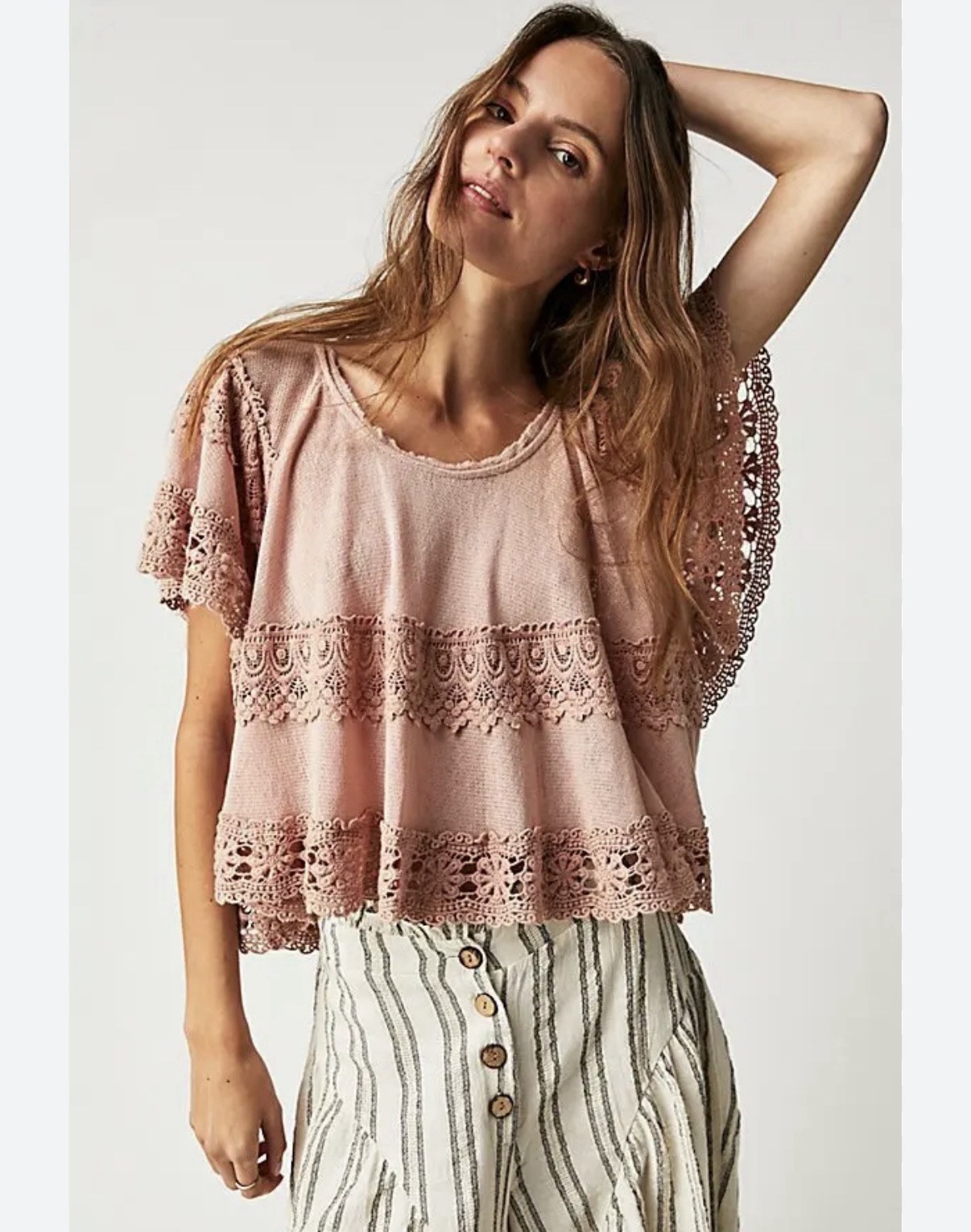Free People Women's Pink Solid Knit Lace Trim Scoop Neck Tie Blouse Top S