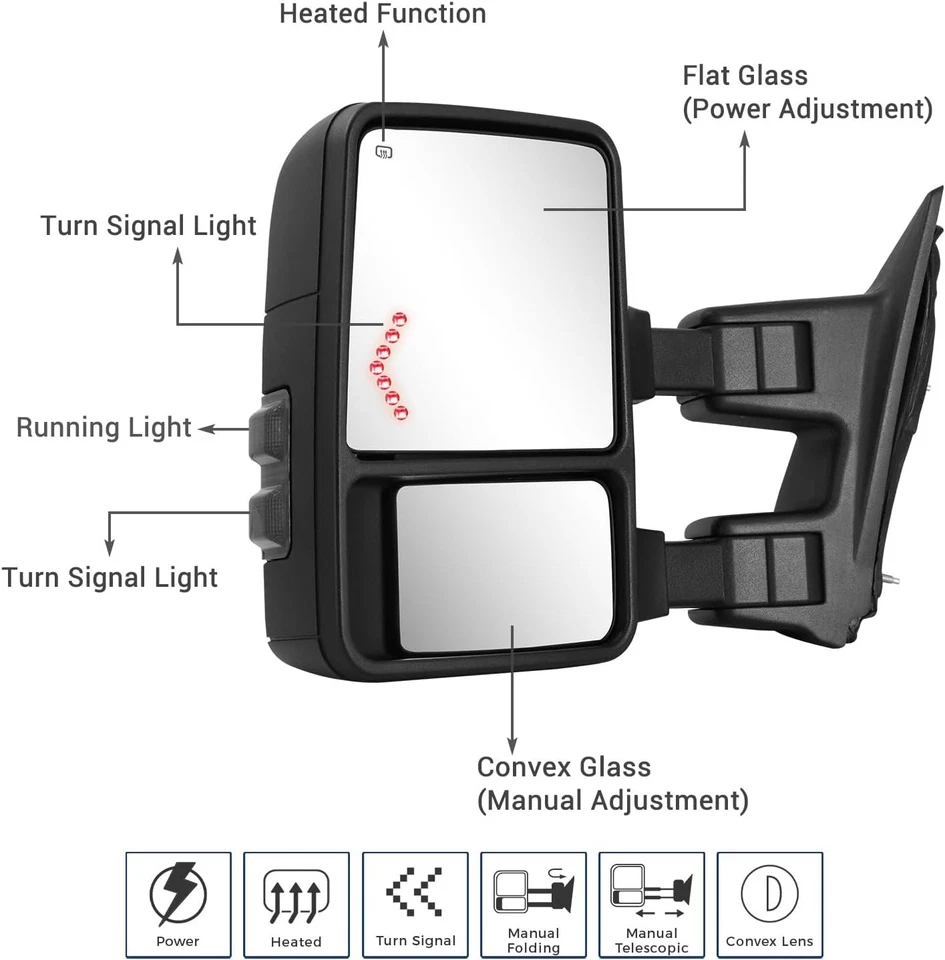 Espejos retrovisores térmicos de remolque para Ford F250-F550 Super Duty 1999-2016 LED ámbar intermitente Foto 3 de 4