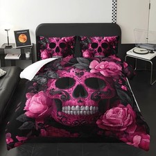 Black and Pink Skull Butterfly Flower Design Comforter Set Queen M7.8-10