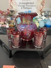 Fenton Red Carnival Glass Apple Tree Water Set, Pitcher & 4 Tumblers