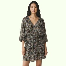 LOFT Mini Dress L Black Multi Floral Wavy Boho Cottagecore Dolman Sleeve