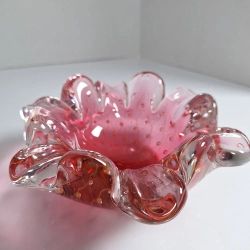 Vtg Art Glass Ashtray Catchall Murano Style "Bullcante" Ruffled Edge Heavy Dish