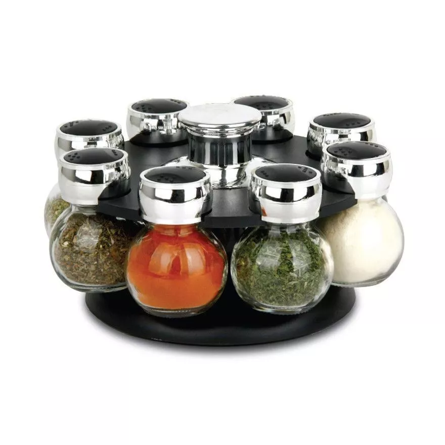 FINE KITCHEN REVOLVING 9PC SPICE RACK SET ORBIT INCL 8 GLASS SPICE