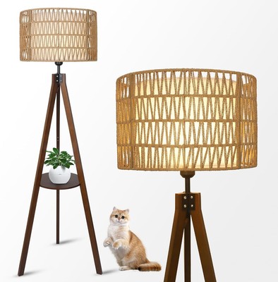 Boho Tripod Floor Lamp with Shelves,Mid Century Wood Standing Lamp with Rattan&