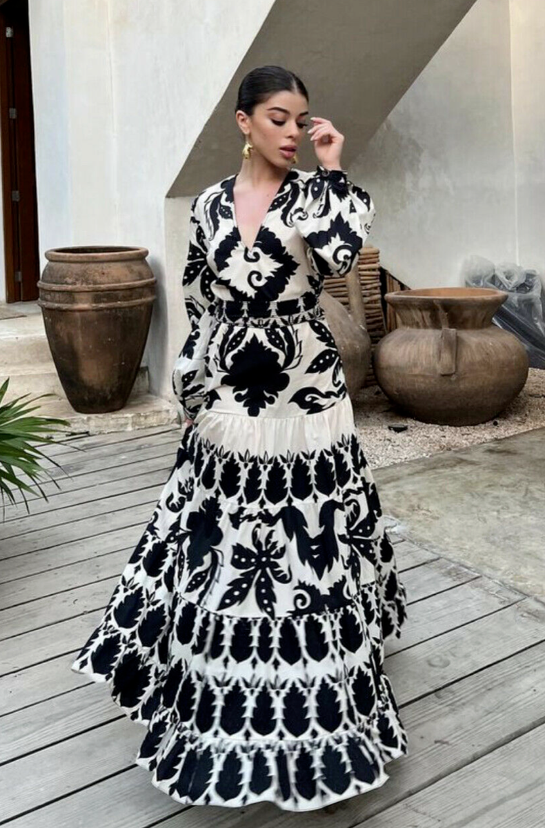 blue dress for baby girl Black and White Halter Neck Bare Shoulders Crepe Kaftan – shopaleena main image 0