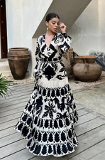 ZARA BLACK ECRU WHITE FLORAL PRINTED MIDI MAXI KAFTAN DRESS SIZE M 12 40