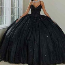 Classic Black Spaghetti Strap Quinceanera Dress Sequined Beads Crystal Appliques