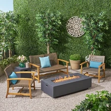 Allison Outdoor 5 Piece Wood and Wicker Chat Set with Fire Pit