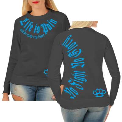 Frauen Sweatshirt Smile now Cry later Schlagring BLAU Label Kult Streetwear Blue