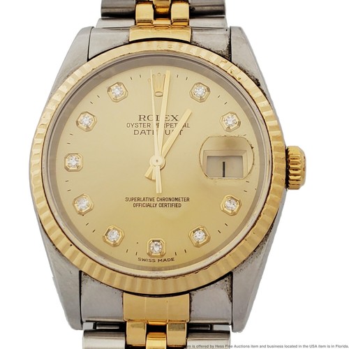 Rolex Datejust 16233 Factory Diamond 18k Gold SS Mens Vintage Watch Box Papers