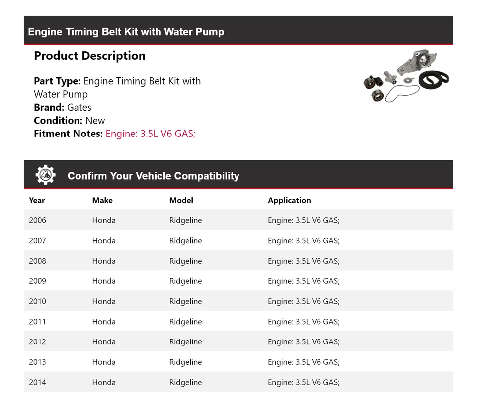 Kit de correa de distribución de motor Honda Ridgeline 2006-2014 con puertas de bomba de agua 2007 Foto 2 de 4