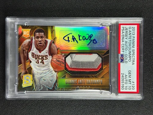 GIANNIS ANTETOKOUNMPO PSA 10 2013 PANINI SPECTRA #120 ROOKIE PATCH AUTO GOLD /10