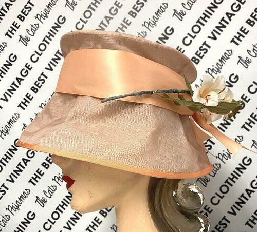 Vtg Marta Baumiller Halo Hat RARE Peach Pink Bucket Flowers O/S Garden Wedding - Picture 5 of 6