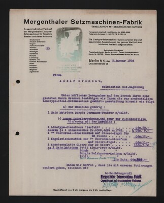 BERLIN, Brief 1926, Mergenthaler Setz-Maschinen-Fabrik GmbH