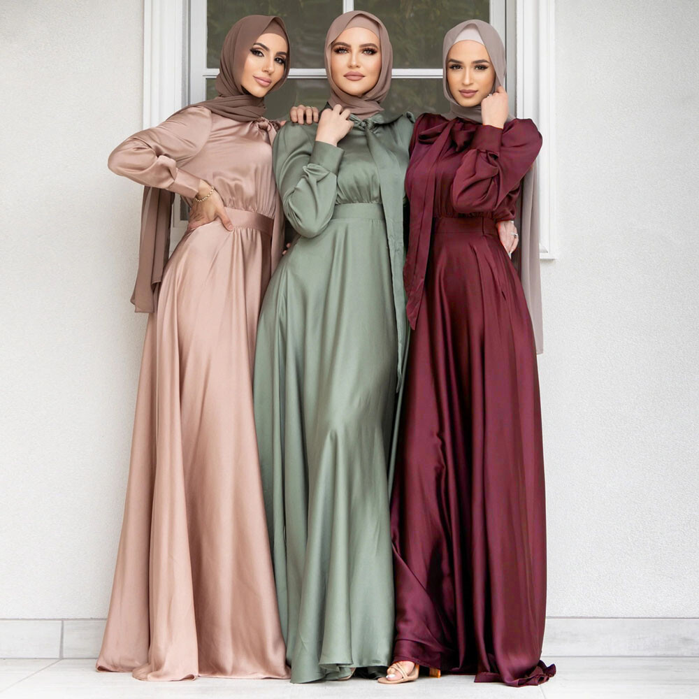Women Satin Dress Plain Kaftan Abaya Muslim Robe Islamic Robe