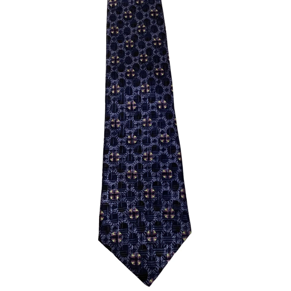 Corbata de diseñador JHANE BARNES 100 % seda azul geométrico/púrpura/verde usada en excelente estado Foto 2 de 3