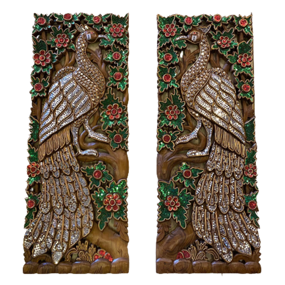 1pair Peacock Animal Carved Wood Mirror Wall Art Panels Hanging Home