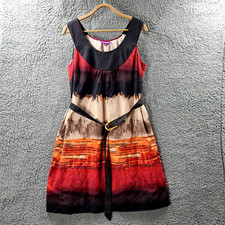 New Vintage Suzanne Grae Womens Dress Size 16 Black Beige Orange Sleeveless Belt