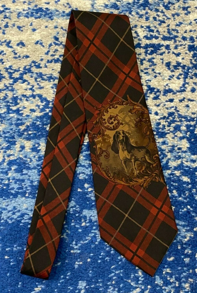 Corbata de seda vintage Polo Ralph Lauren roja negra camel óxido sesgado a cuadros perro EE. UU. Foto 2 de 4