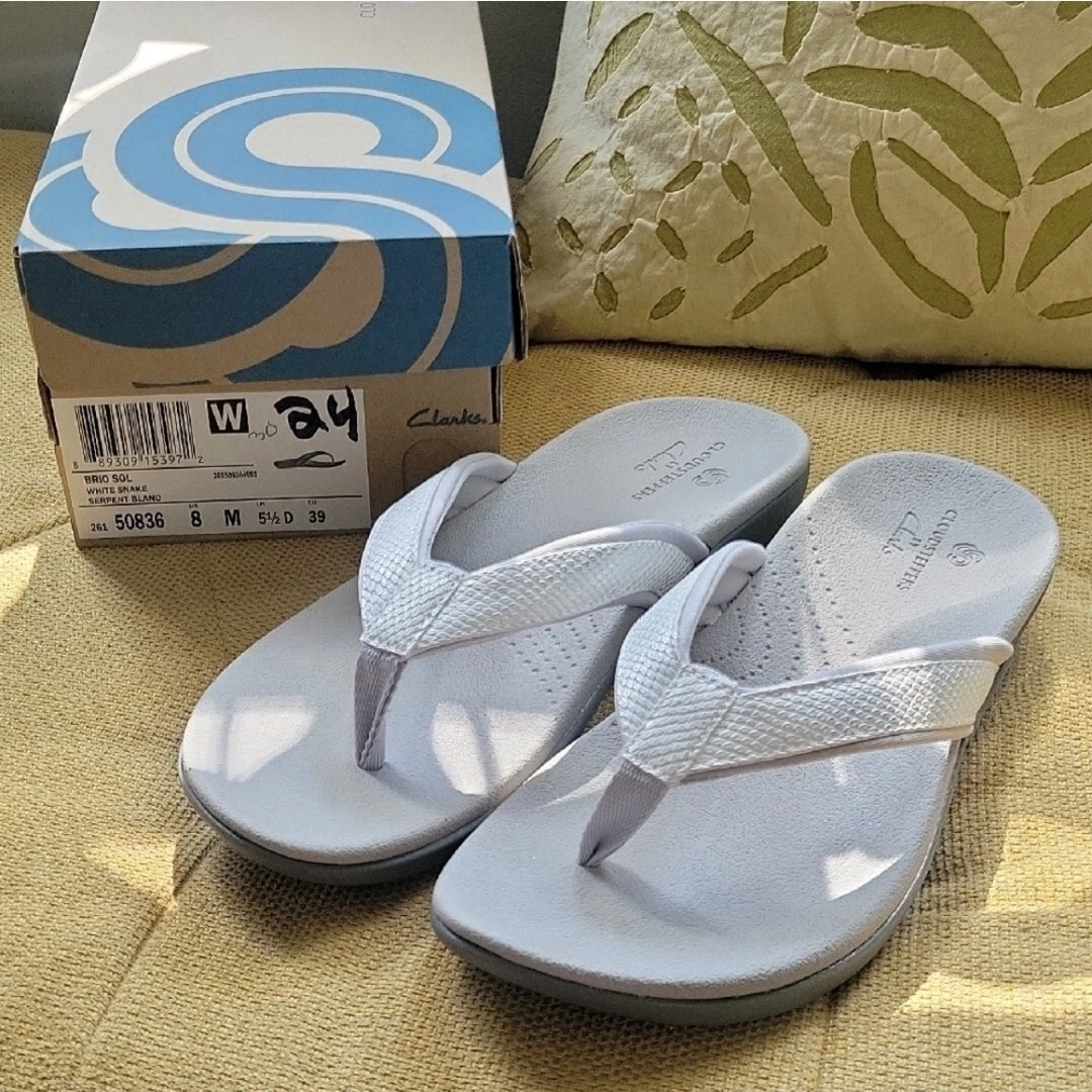 Sandali da passeggio Clarks Brio Sol bianchi Snake Thong nuovi con scatola (8)