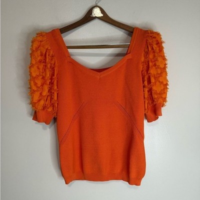 Current Air from Anthropologie Orange Puff Sleeve Knit Top in size large