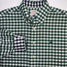 Brooks Brothers Mens Medium Green Navy Cuffs Gingham Non-Iron Button Down Shirt