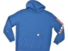 Carhartt Hoodie Mens XL Blue Graphic Logo Pullover Original Fit Sweatshirt Stain