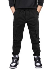 Boys Stretch Cargo Pants Kids Drawstring Elastic Waist School Youth Twill Jog...