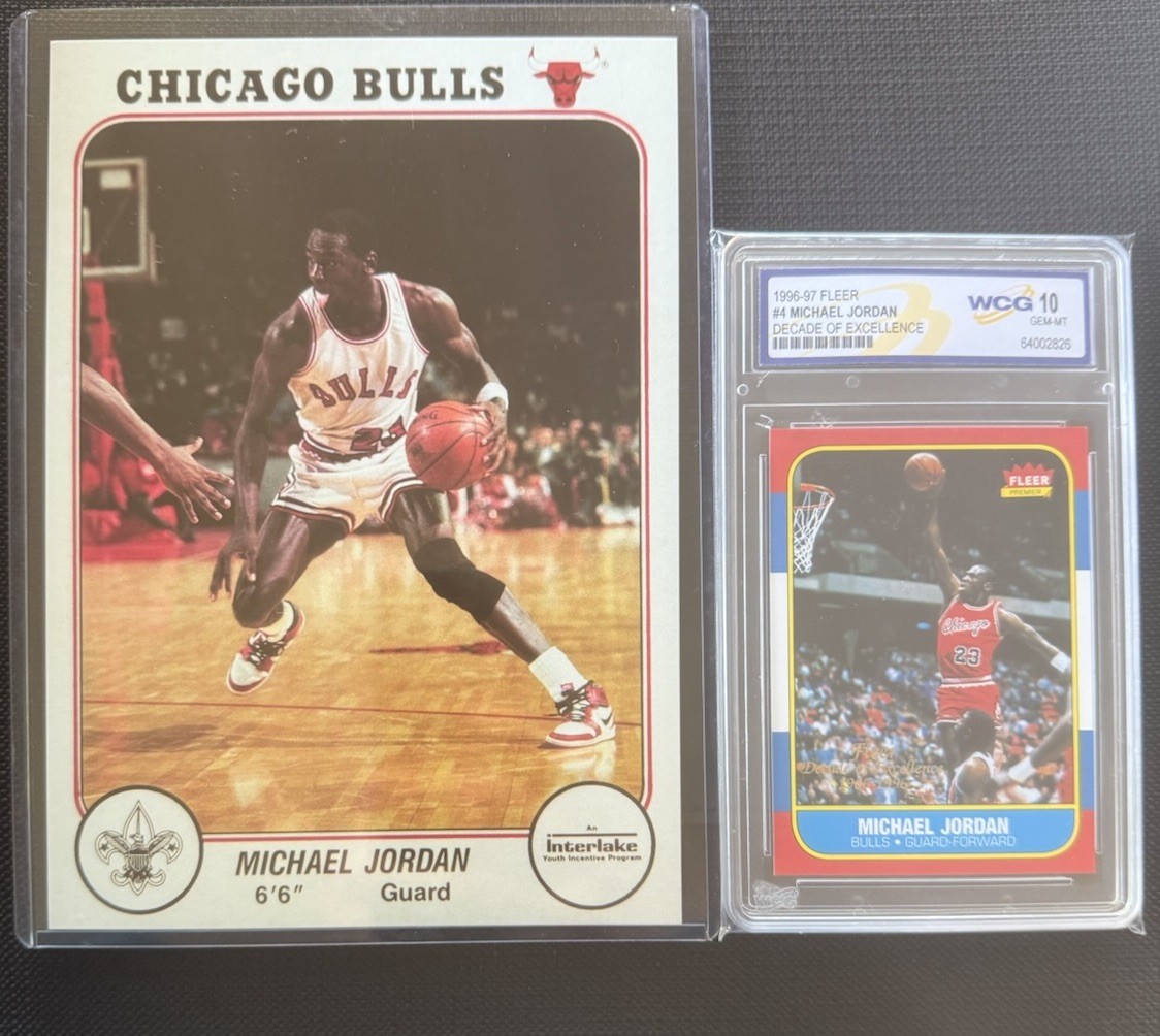1985 Interlake Michael Jordan Rookie RP + Bonus 1986 Fleer Decade Excellence 10