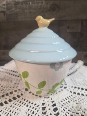 Hallmark Porcelain Floral Jar Blue Lid Yellow Bird 6'' inch