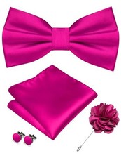 Solid Color Bow Tie and Pocket Square with Lapel Pin Cufflinks Set Hot Pink