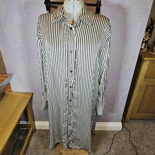 HM Black White Vertical Striped Shirt Dress Large L Long Sleeve Monochrome Midi