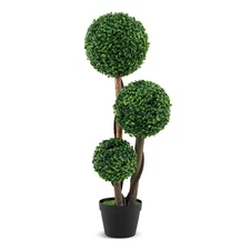 36'' Faux Potted Plant w/3 Topiary Balls Solid Wood Trunks Mimic Rattans & Moss