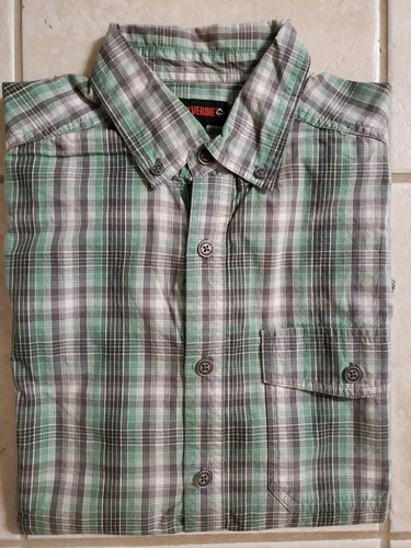 Wolverine Mens Shirt Medium Cotton Short Sleeve Green Gray White Plaid EUC