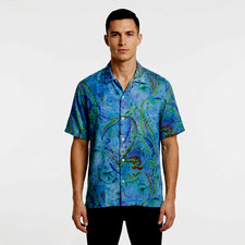 Jams World Men's Shirt XL Blue Japanese Rayon Hawaiian Paisley Aloha Button Up