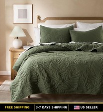 Olive Green King Size Cotton Quilt Set - Lightweight Farmhouse Bedspread